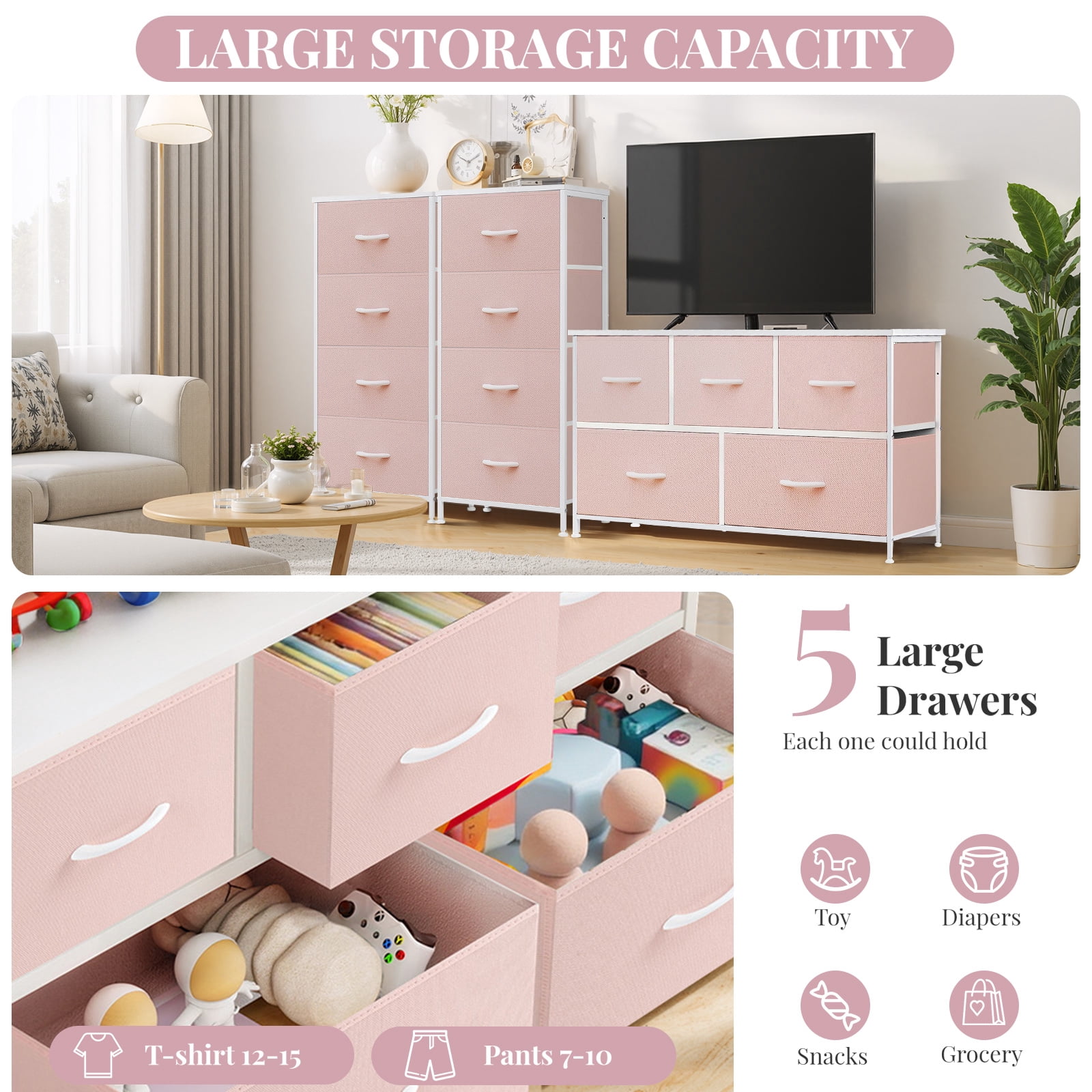 Dresser, Betcozy Storage Organizer with 5 Drawers for Bedroom, Chest of Drawers with Fabric Bins, Sturdy Metal Frame, Wood Tabletop, Pink