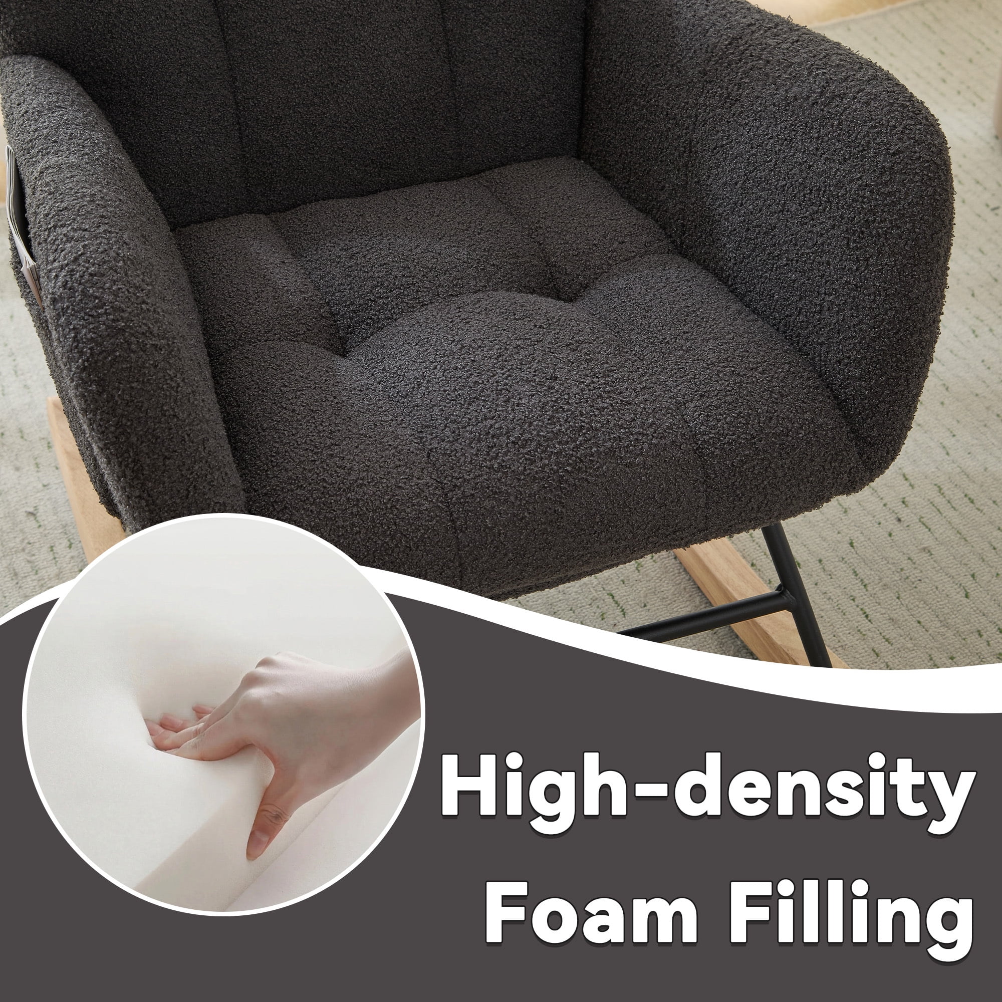Leumius Nursery Rocking Chair with Footrest,Teddy Fabric Upholstered Glider Rocker Chair with High Backrest,Side Storage Pocket & Solid Wood Legs,Comfy Accent Chair for Living Room Bedroom,Gray