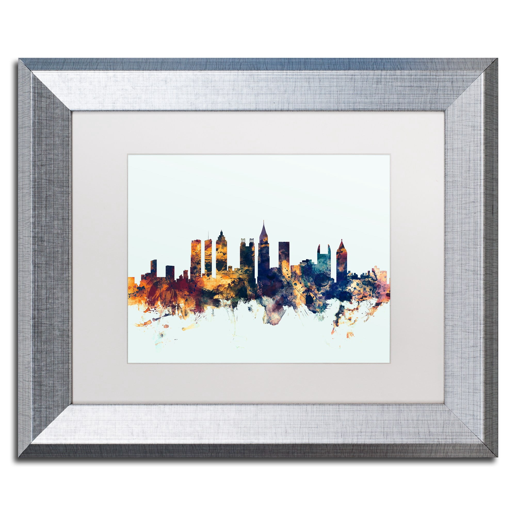 Trademark Fine Art "Atlanta Georgia Skyline Blue" Canvas Art by Michael Tompsett, White Matte, Silver Frame