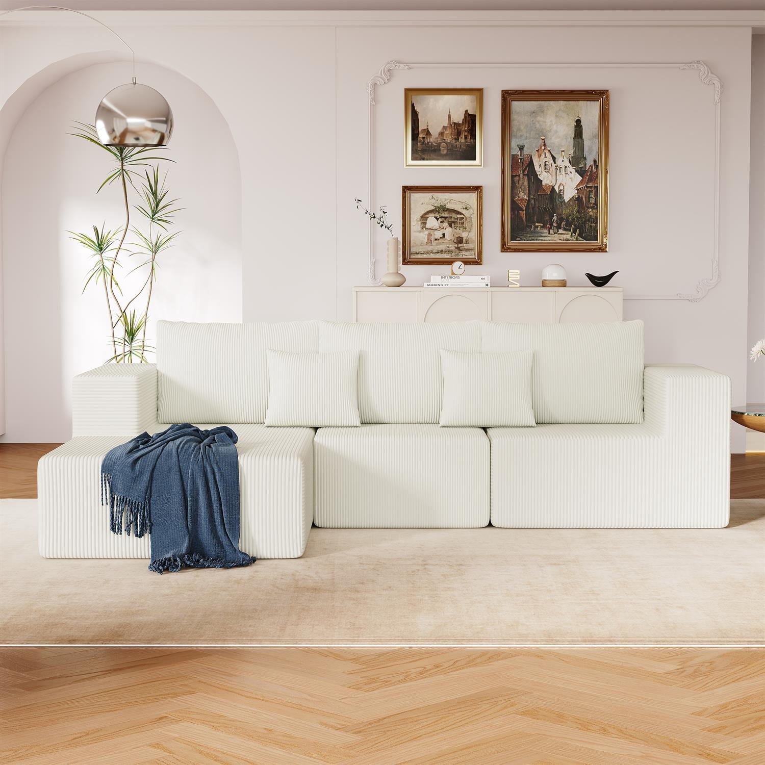 Demi Bonn 108" L-Shaped Modular Foam Sofa with Chaise Lounge, Cloud-Like Comfort Couch, Corduroy Sectional for Living Room, White