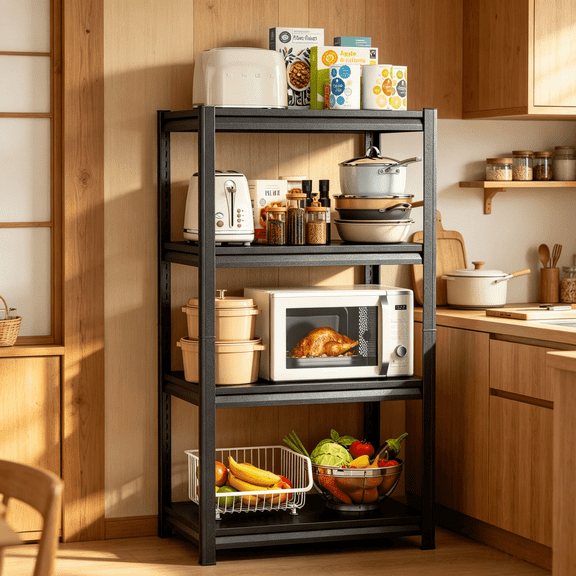 24"W Kitchen Pan Storage, 44"H 4-Tier Heavy Duty Black Shelving, Adjustable Utility Rack, Open Shelves for Pots, Lids, and Bakeware in Pantry, Laundry Room, Garage & Office