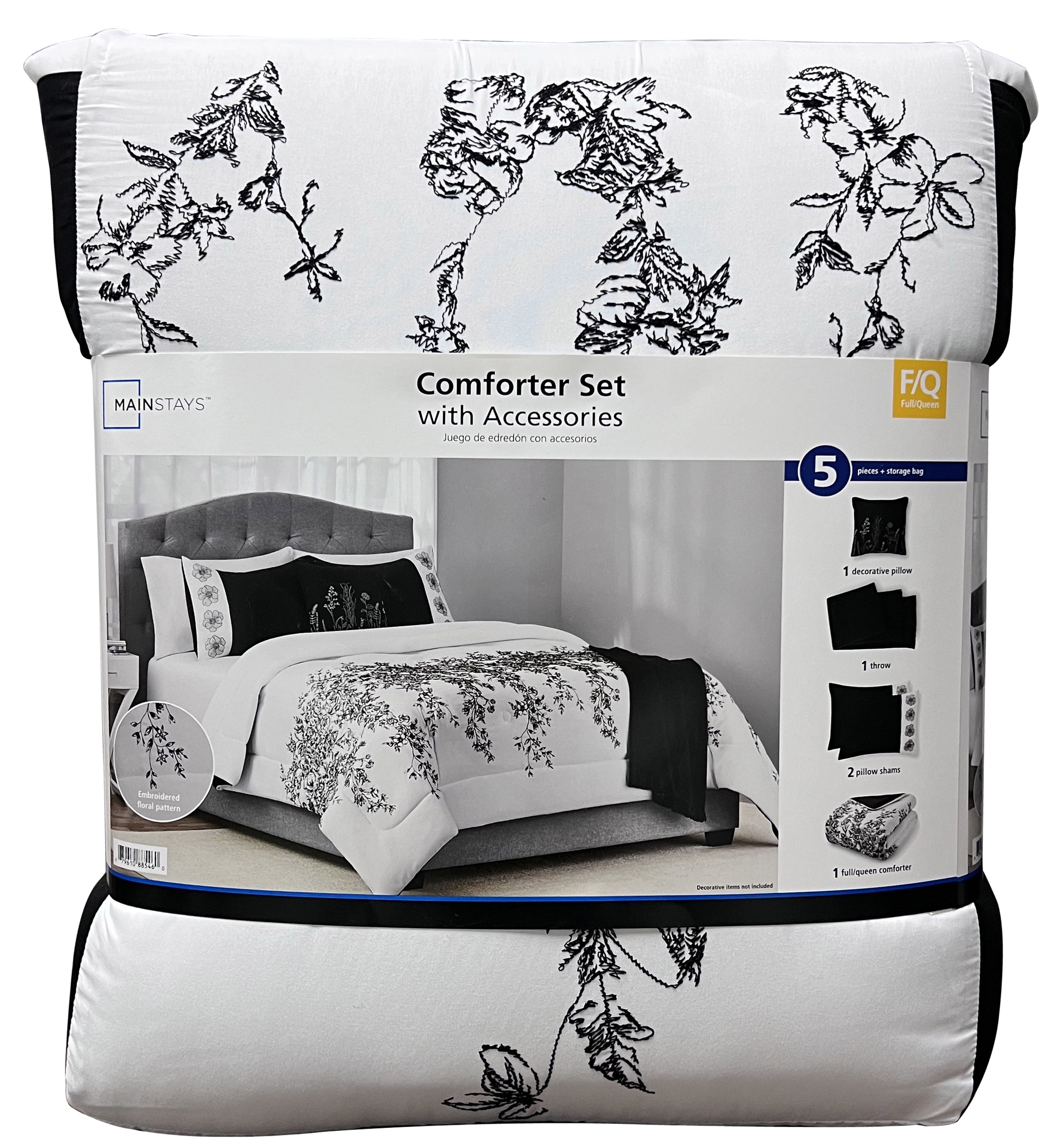 Mainstays 5-Piece White and Black Embroidered Comforter Set, Full/Queen