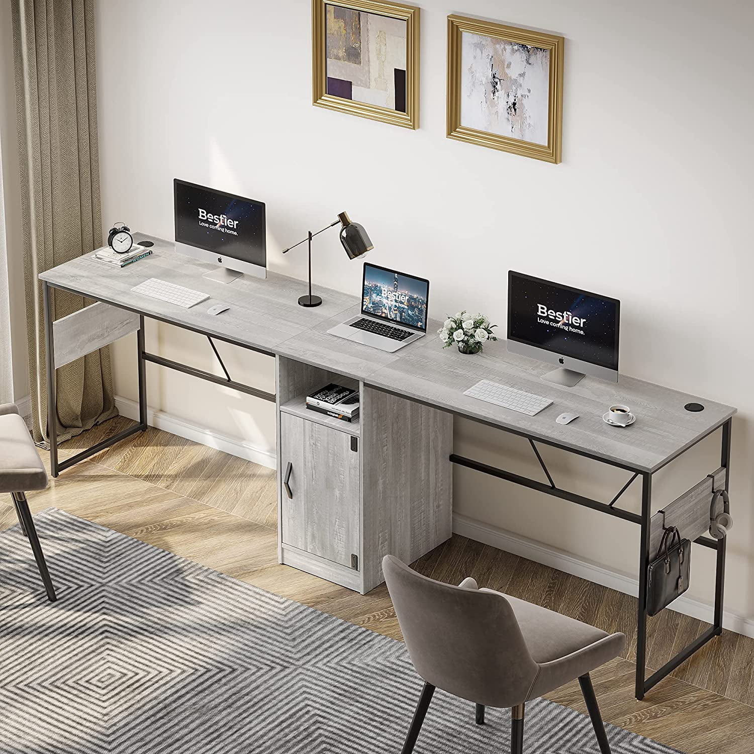 Bestier Reversible 60" L Shaped Computer Desk with Storage Cabinet Long Desk for 2 Person Wash White