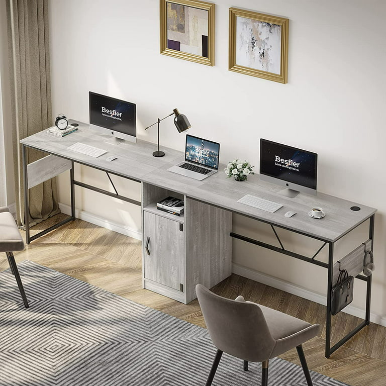 L Shaped Computer Desk with Large Cabinet, White Wash