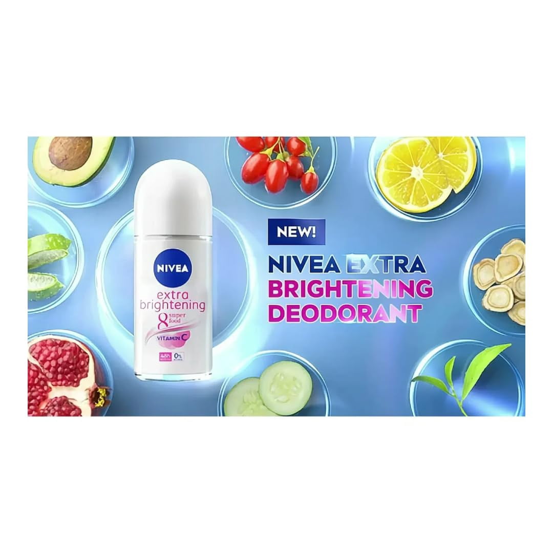 Nivea Extra Brightening 8 Super Food, Vitamin C Collagen Booster Underarm Roll on Deodorant, Size 50 ml, 1.69 Oz (Pack Of 2)