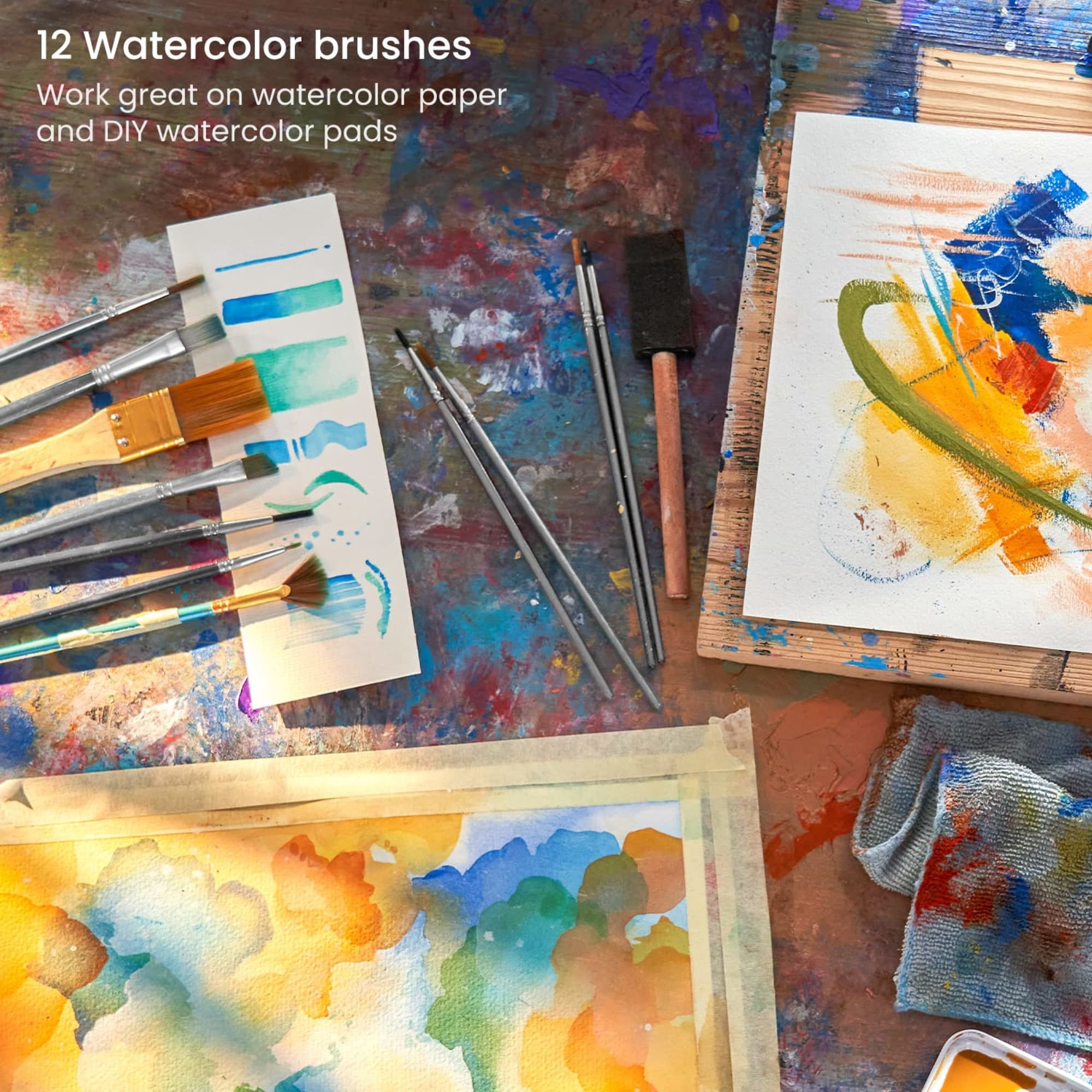 Arteza Watercolor Brushes, Round, 12 Count, Synthetic