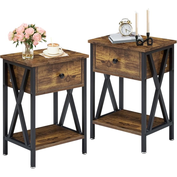 Nightstands Set of 2, Modern Bedside End Tables, Night Stands with Drawer and Storage Shelf for Living Room Bedroom, Industrial Metal Frame