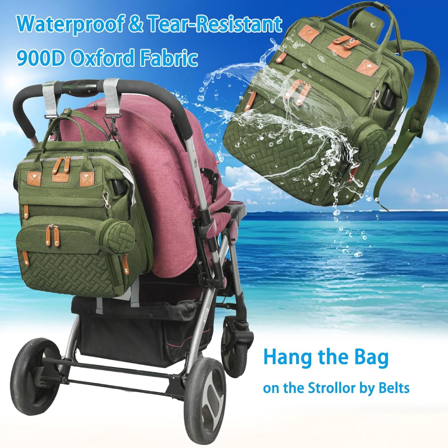 Baby Diaper Bags with Changing Station, Waterproof Large acity Diaper Bag Backpack for Moms Dads with USB Charging Port and Stroller Straps, Baby Shower Gifts, Green