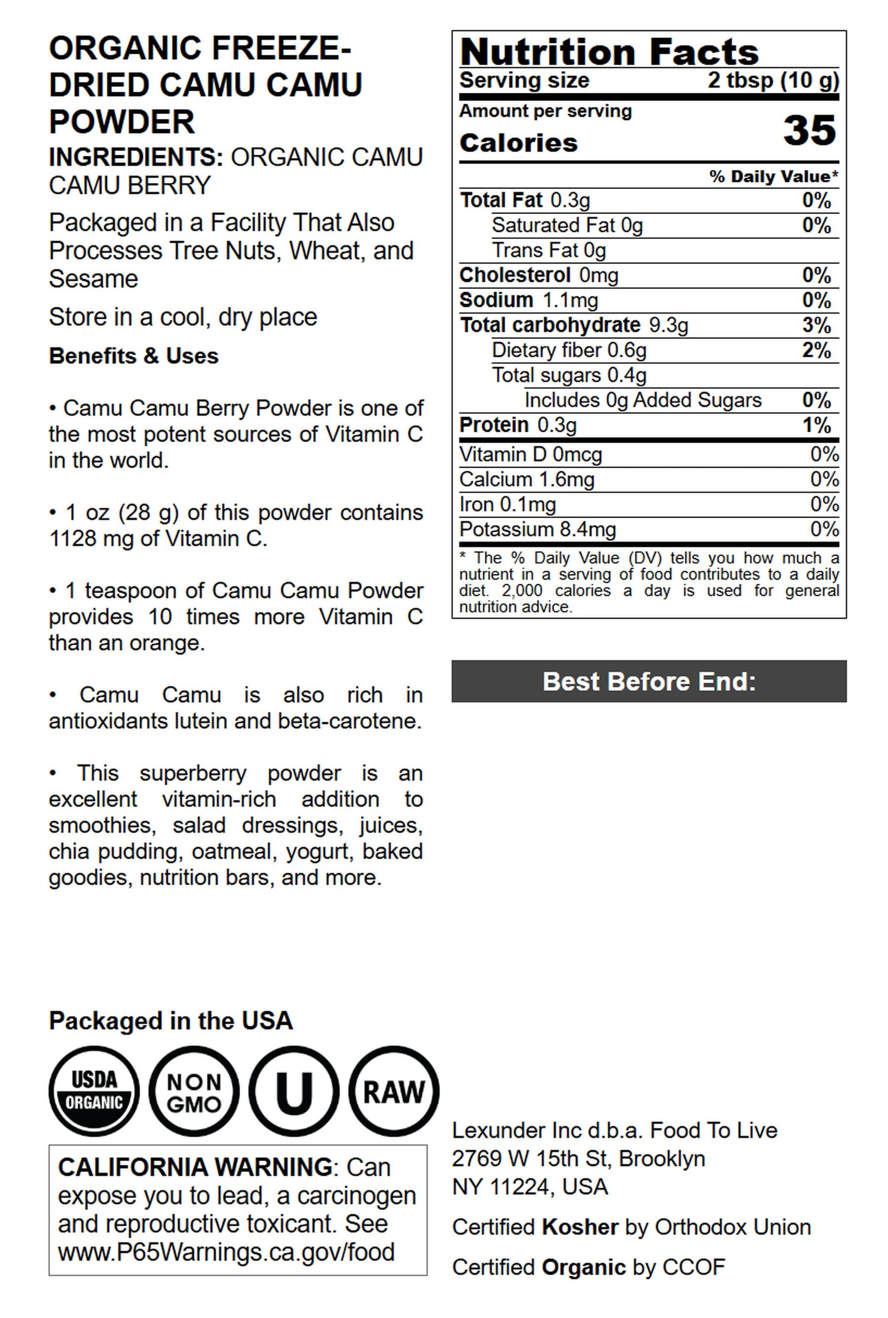 Organic Freeze-Dried Camu Camu Powder, 8 Ounces — Non-GMO, Raw, Vegan, Kosher — by Food to Live