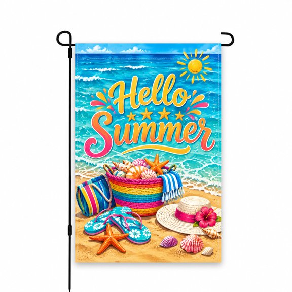 Hello Summer Garden Flag 12x18 Inch - Beach Ocean Design with Seashells, Starfish, Flip-Flops, and Bright Colors - Outdoor Lawn, Patio, or Yard Decor