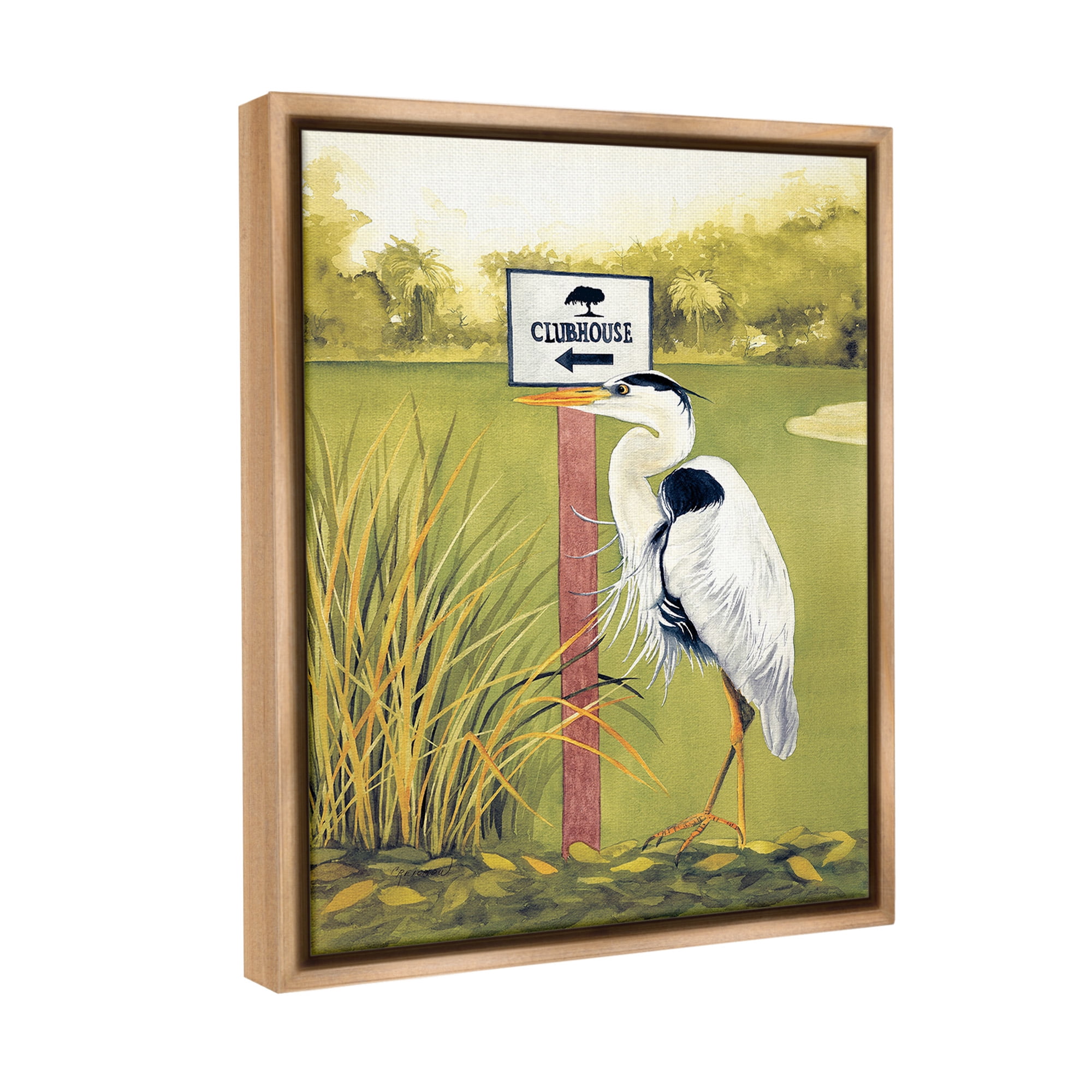 Stupell Industries Heron & Clubhouse Sign Animals & Insects Painting Brown Floater Framed Canvas Art Print Wall Art, 17 x 21