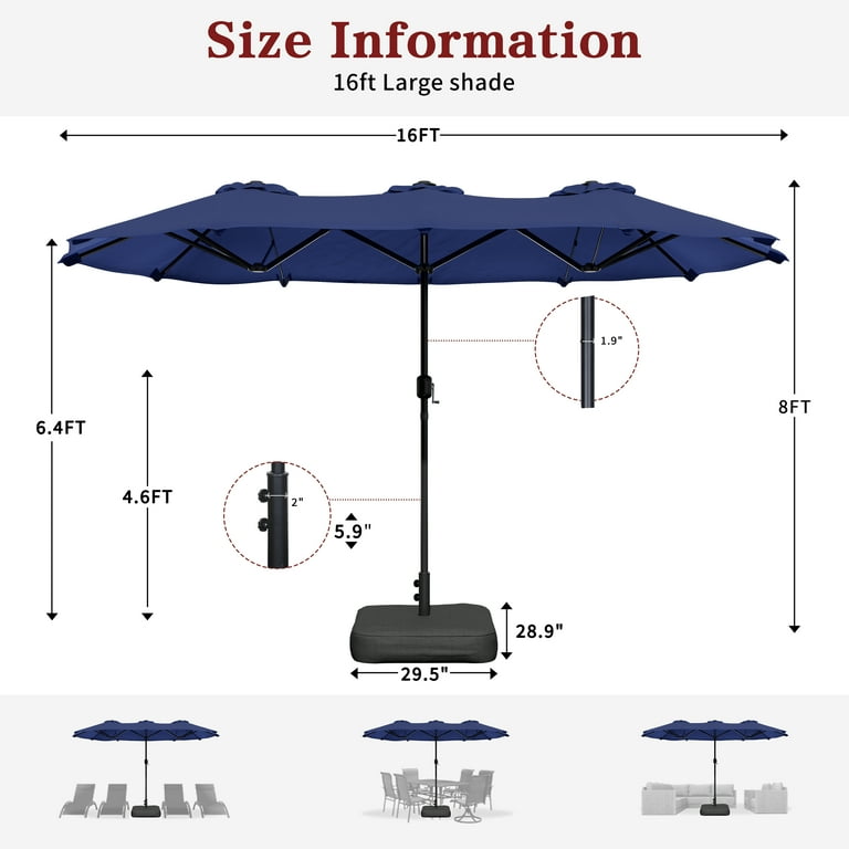Walsunny 16 FT Large Outdoor Patio Umbrella with Base Included,  Double-Sided Rectangular Umbrella with Crank Handle for Outside, Dark Blue  - Walmart.com