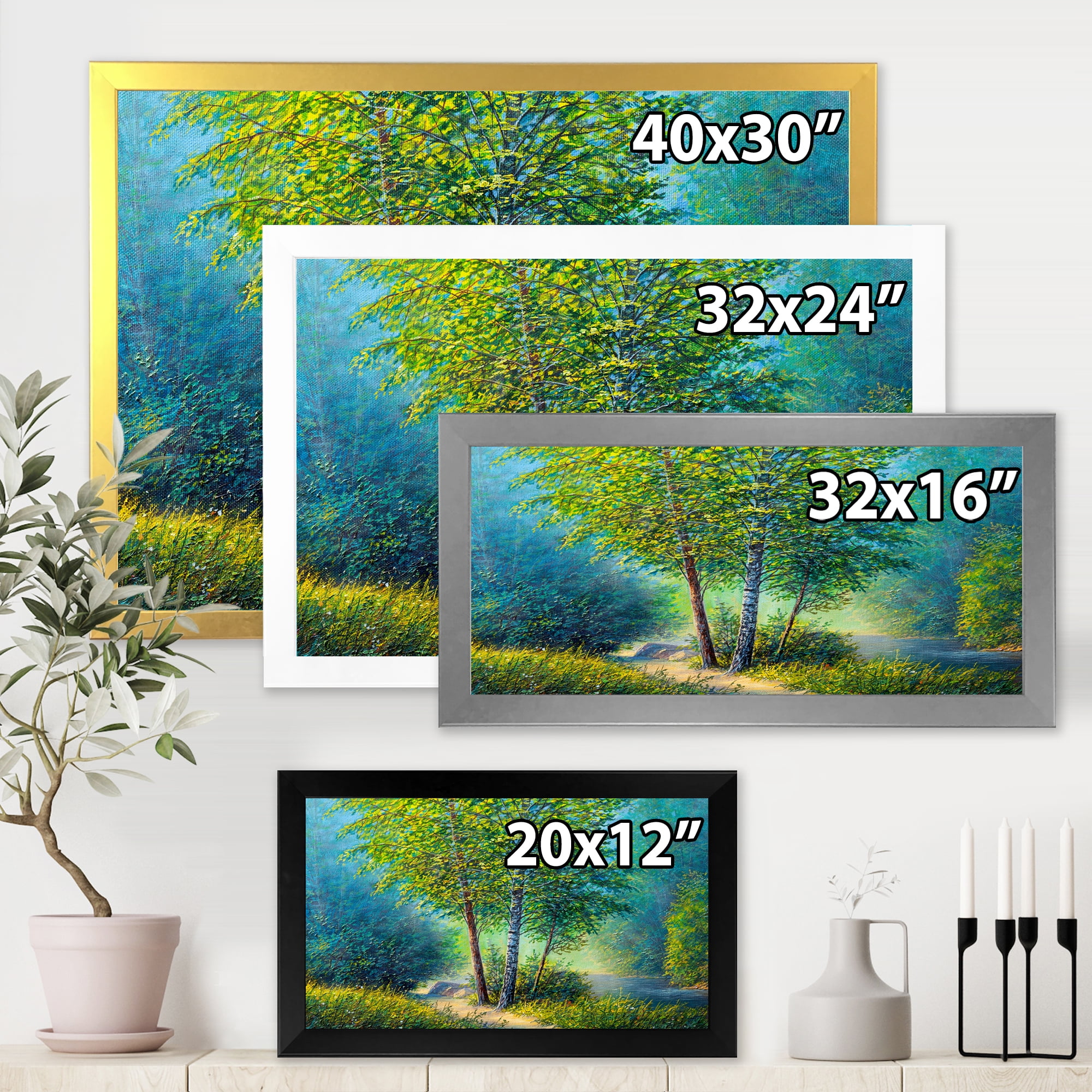 Designart 'Three Vibrant Green Trees By The River' Lake House Framed Art Print