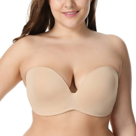 

Delimira Women s Plus Size Underwire Strapless Bras Slightly Lined Invisible Push Up Seamless Plunge Bras