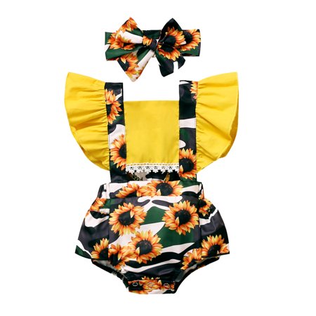

Baby Girls Bodysuits Ruffle Floral Printed Backless Romper Bodysuit+Headbands
