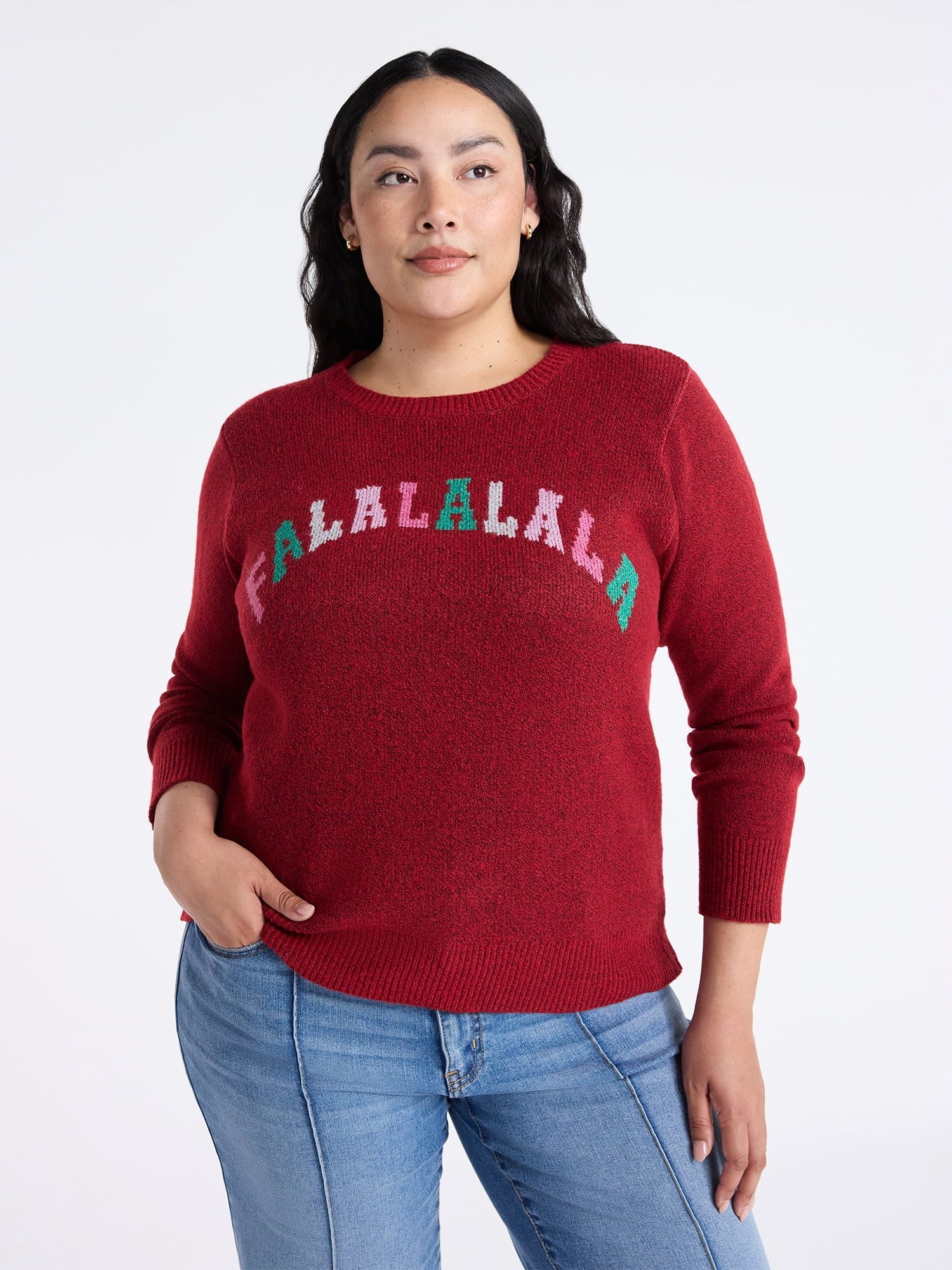 Time and Tru Women's and Women's Plus Holiday Talking Sweater with Long Sleeves, Midweight, Sizes XS-4X