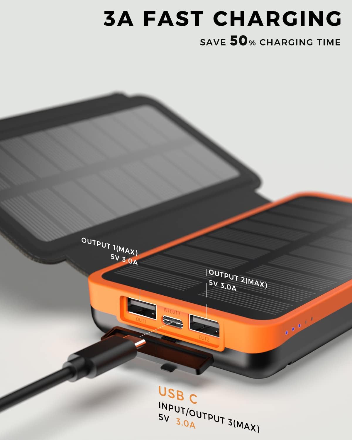 Solar Charger 20000mAh Power Bank, 3 Outputs USB-C Portable Charger with 4 Foldable Solar Panels External Battery Pack for Cell Phone Camping Outdoor
