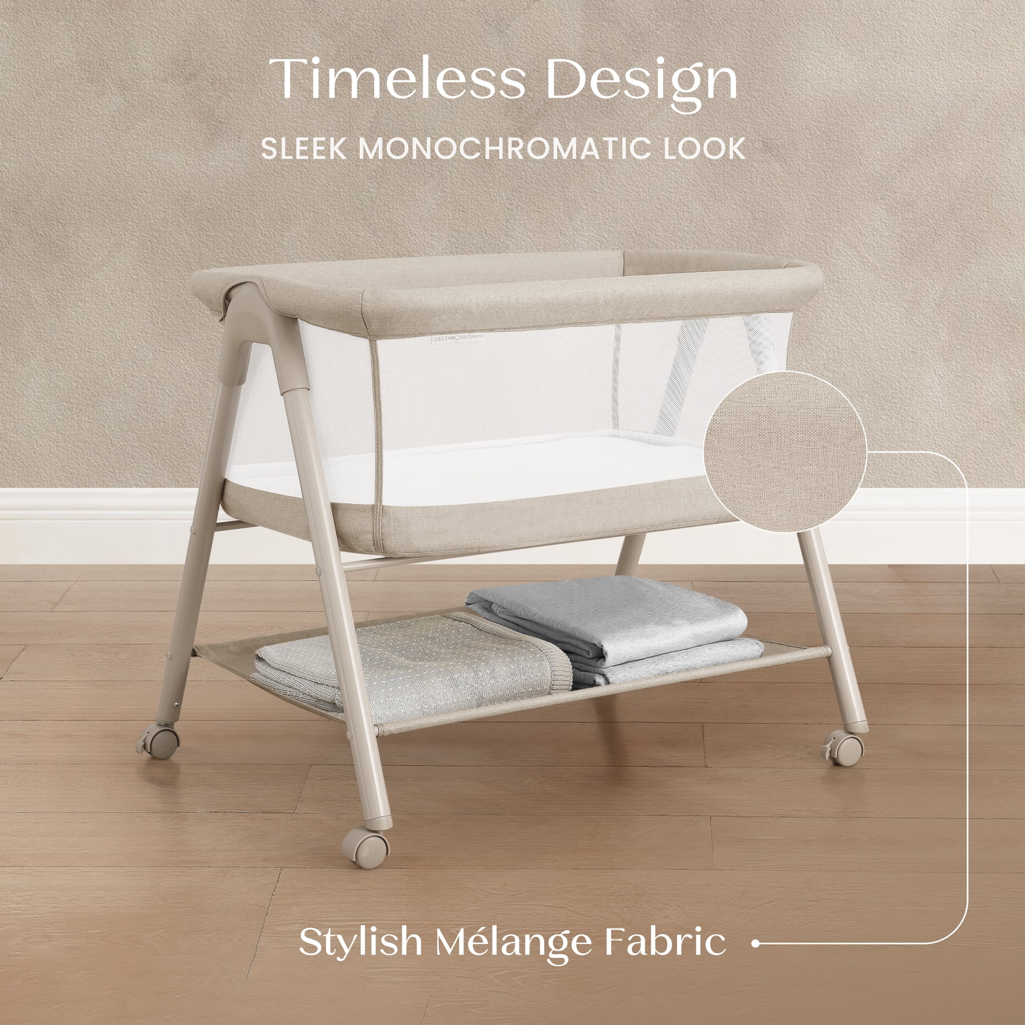 Delta Children Haven AirFlow Bassinet with Breathable Mesh and Wheels, Tan