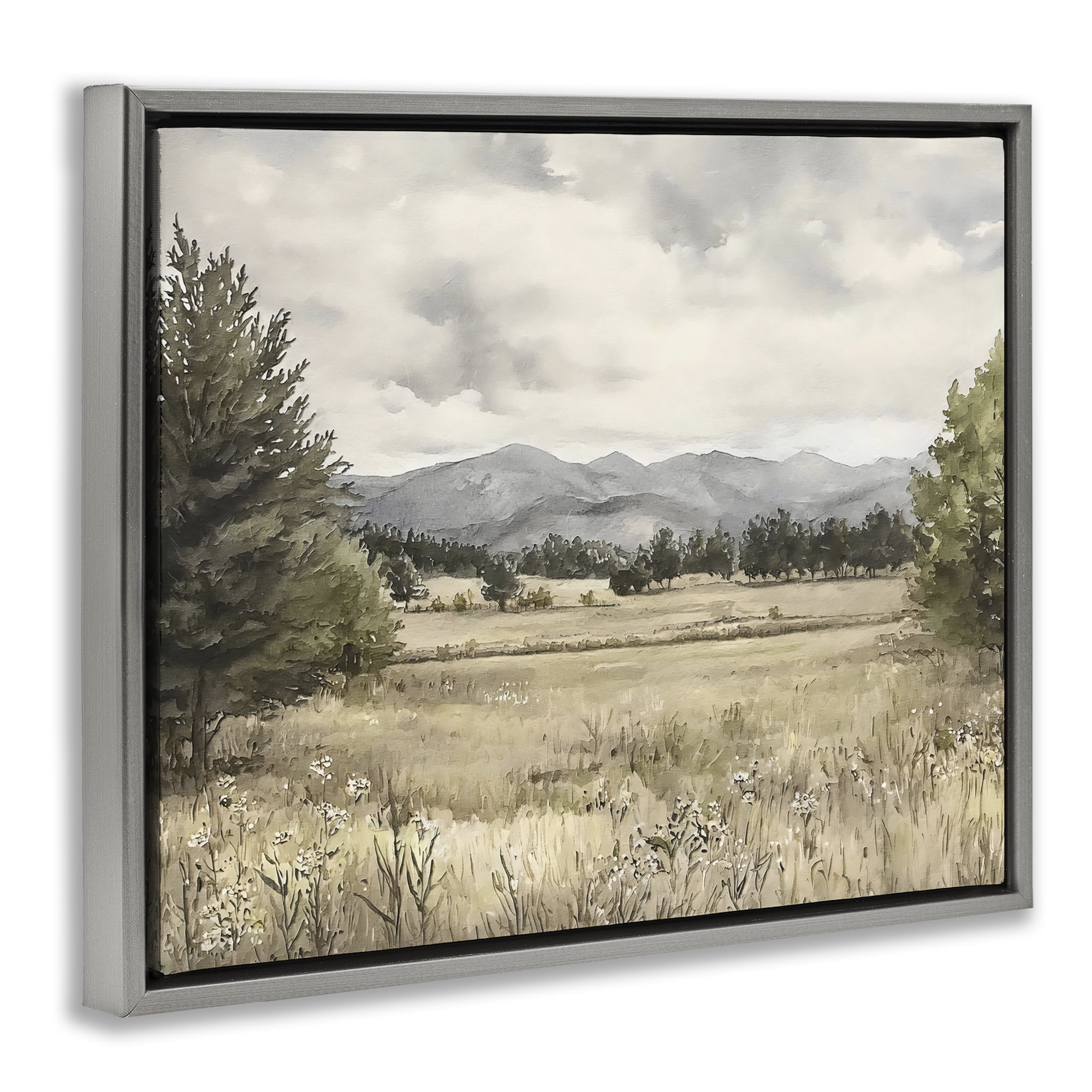 Stupell Industries Muted Mountain Meadow Gray Framed Floater Canvas Wall Art, design by Riley B