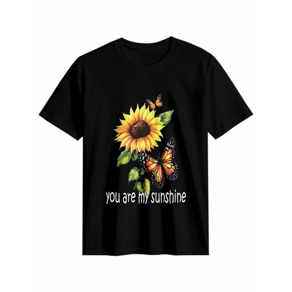Women's T-Shirt Sunflowers Yellow Flowers Butterflies Short Sleeve Casual Tee Classic Crew Neck T Shirt for Women Black, XL