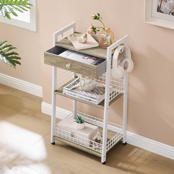 3-Tier Ladder Shelf with Drawer, Bathroom Table Stand for Small Space, Standing Storage Organizer for Living Room Kitchen Bedroom, White