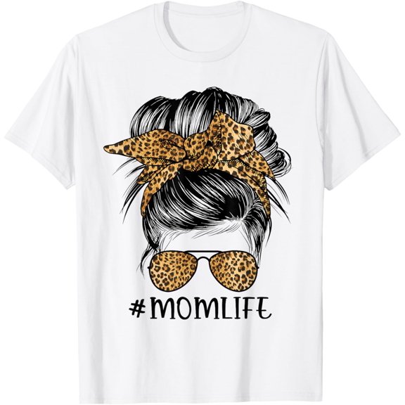 t-shirt Mom Life Messy Bun Hair Bandana Leopard Print T-Shirt mens, woman, white,funny,journey,Crew Neck, Short Sleeve,custom clothing patterns.gift