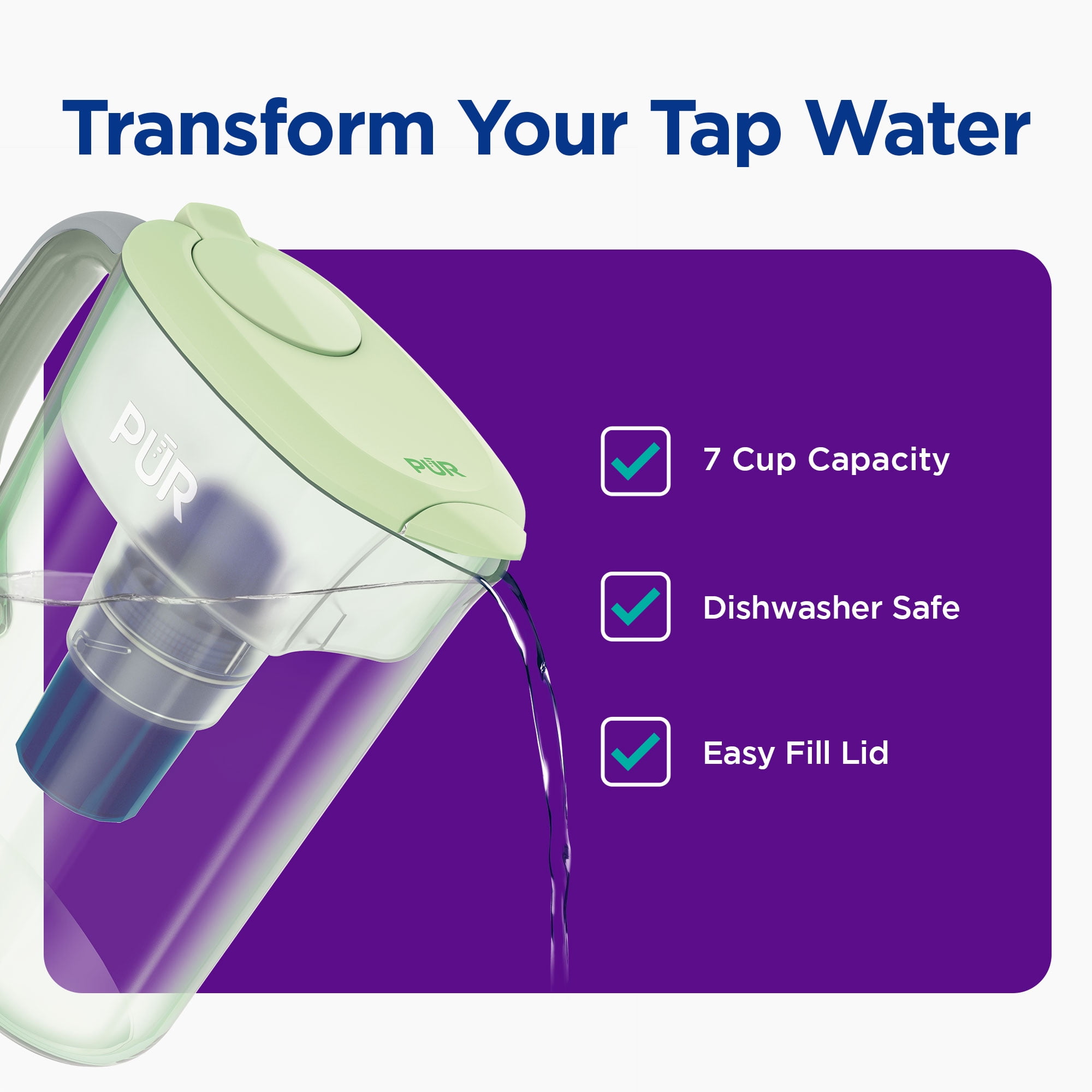 PUR 7 Cup Pitcher Filtration System, Lime, W 9.6" x H 10.1" x L 4.5", PPT700LAV4