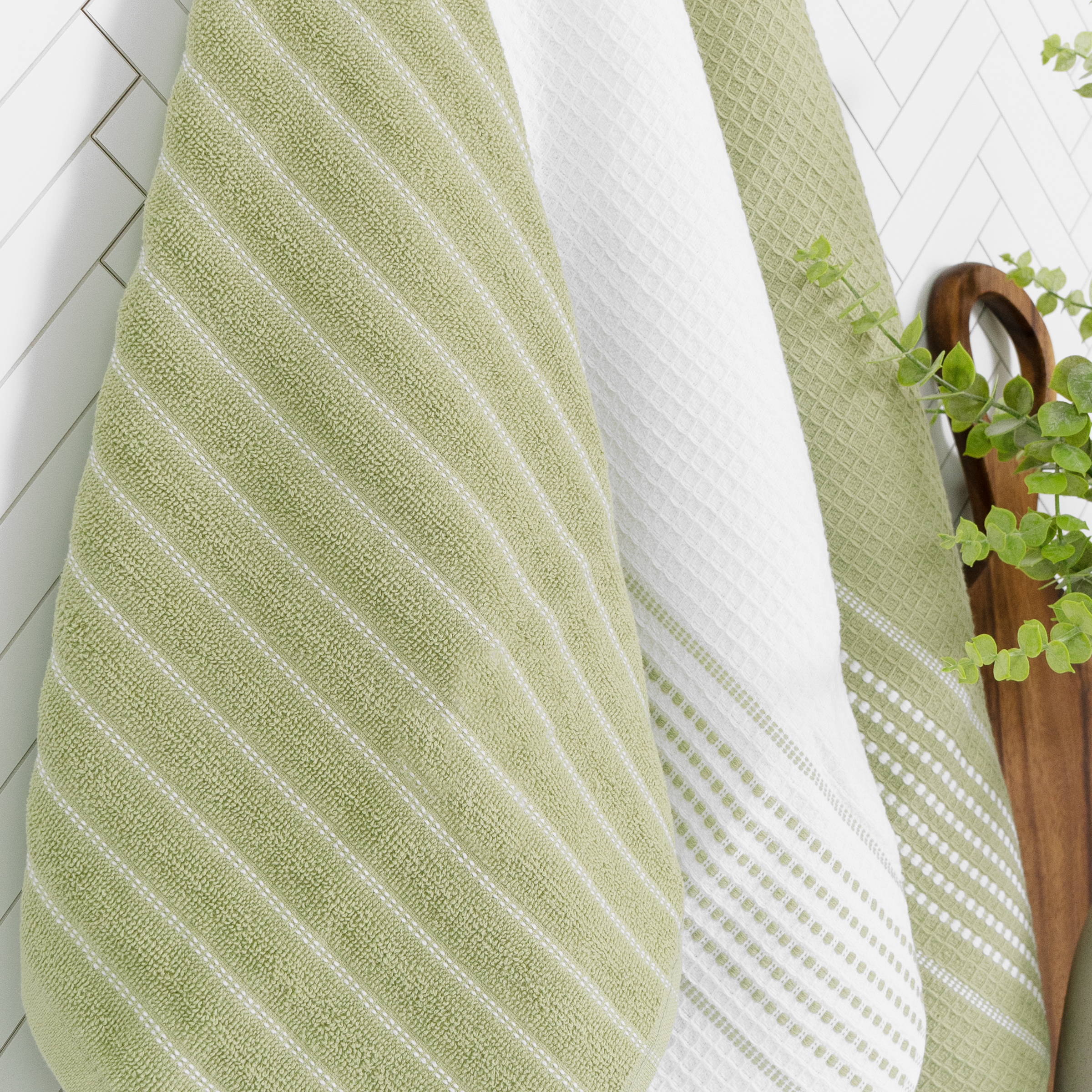 All-Clad Skipping Stripe & Wave Kitchen Towels, 4-Pack, Fennel