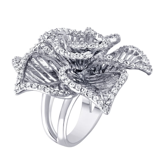 Rhodium Plated Sterling Silver 925 Clear CZ Open Flower Cocktail Ring White Female Size 6