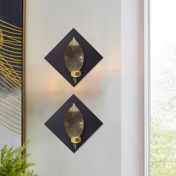 Black Gold Tea Light Wood Metal Candle Holder Wall Scones Art Decorations Home Living Room Dining Room Office Entryway Wedding Set of 2