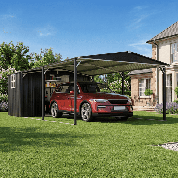 12'x23' Metal Carport with Storage Shed, Heavy Duty Carport with Sliding Door, Waterproof & UV Protected Roof, Outdoor Garage Reinforced Structure for Car, Boat, Tractor,Farm