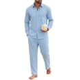 thumbnail image 2 of LEKWK Mens Linen Sets Lightweight 2 Piece Lounge Set Button Down Long Sleeve Shirt and Relaxed Pants Matching Outfits for Beach Vacation Travel, 2 of 5