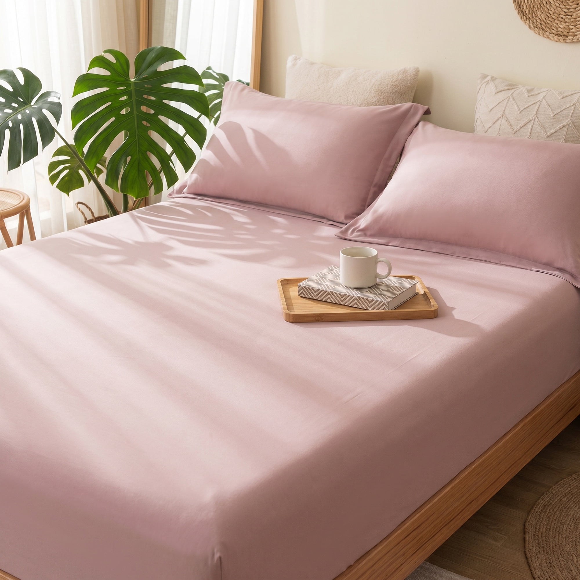 Unique Bargains Fitted Sheet Microfiber Bed Sheets Breathable for All Seasons 53.9"x74.8" Light Pink