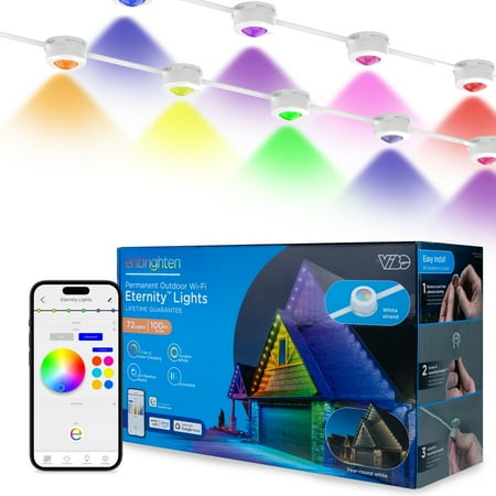 Enbrighten 100ft Wi-Fi Eternity Lights Permanent Outdoor Lights 72 LEDs Smart LED Eaves Lights for Christmas Halloween Party Game Day and More