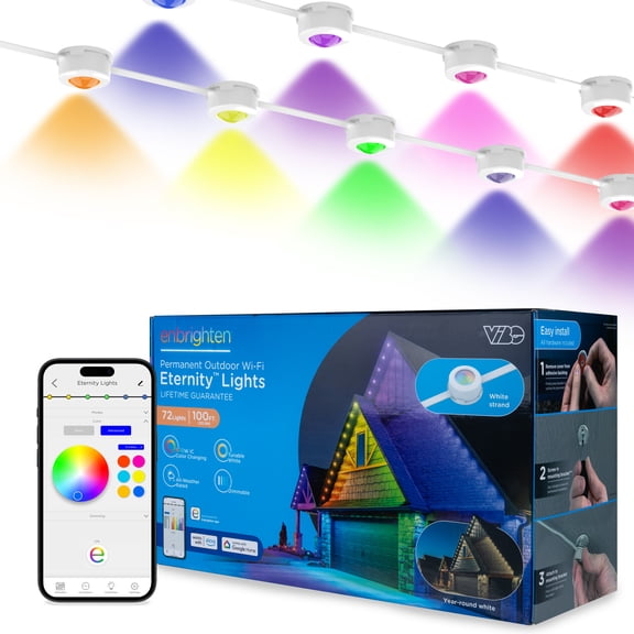 Open Box Enbrighten 100ft Wi-Fi Eternity Lights, Permanent Outdoor Lights, 72 LEDs, Smart LED Eaves Lights for Christmas, Halloween, Party, Game Day and More