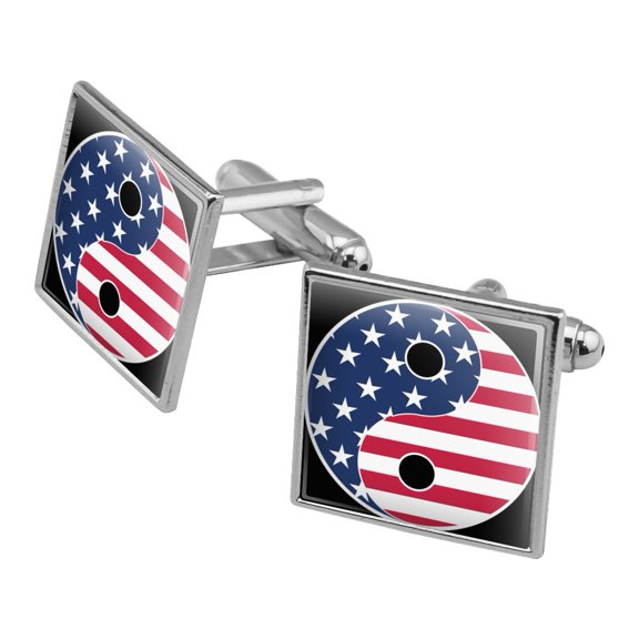 USA Patriotic Yin and Yang American Flag Square Cufflink Set - Silver or Gold
