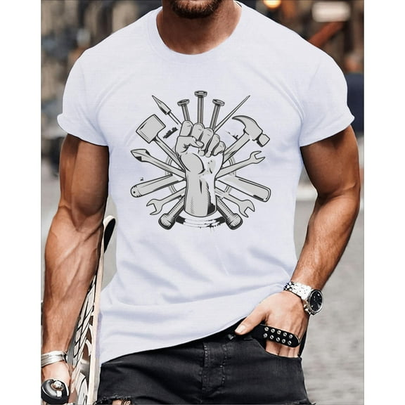 Men's Labor Day Graphic T-Shirt - 100% Cotton Round Neck Short Sleeve Tee with Professional Tools Design, Comfortable Casual Top