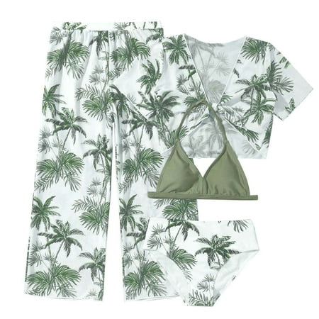 BOBOGOJP Girl s 4 Piece Swimsuits Tropical Print Halter Bikini Set Bathing Suits with Kimono and Cover Up Pants (Green 9-10 Years)