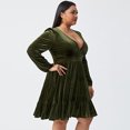 thumbnail image 3 of Vestido de terciopelo de talla grande para mujer, manga larga, cuello en V, volantes, línea A, vestido corto de cóctel, 3 of 6