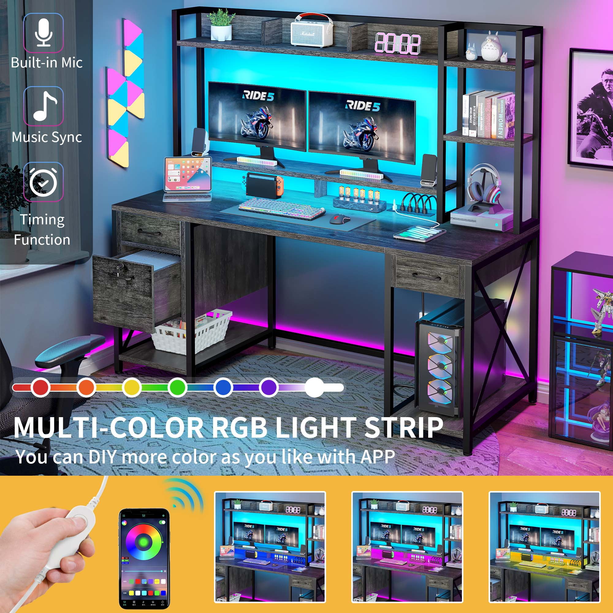Uforic Computer Desk with Hutch& Led Light, Gaming Desk with Power Outlets, Home Office Desk, Gray