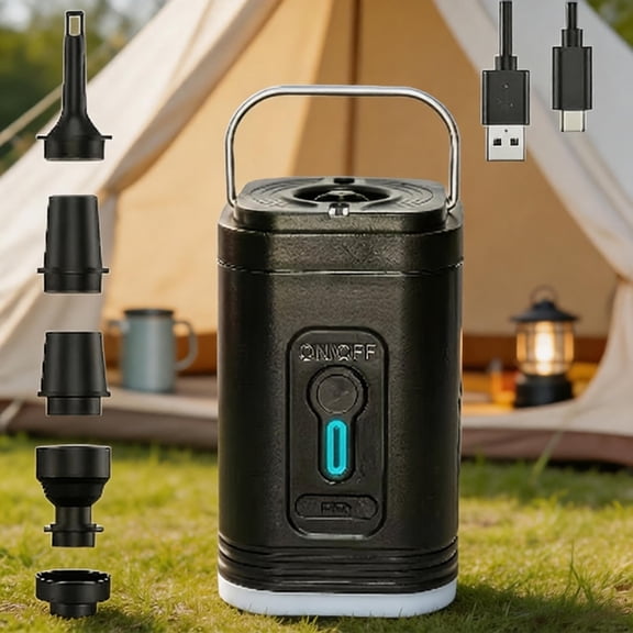 Portable 3‑in‑1 Electric Air Pump, USB‑C Rechargeable Inflator Deflator Vacuum Pump with LED Camping Lantern, Ultra‑Light for Air Mattress, Pool Floats and Outdoor Camping