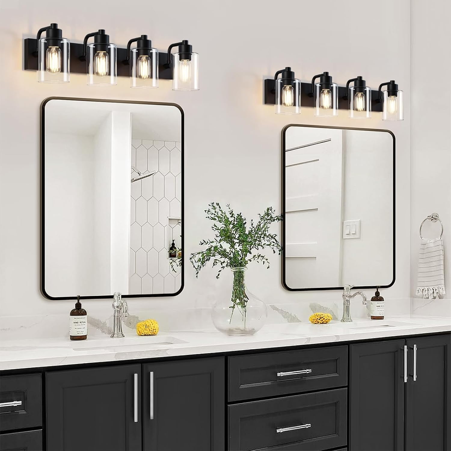 4-Light Bathroom Vanity Light Matte Black Bathroom Lights over Mirror with Clear Glass Shade for Bedroom,Living Room