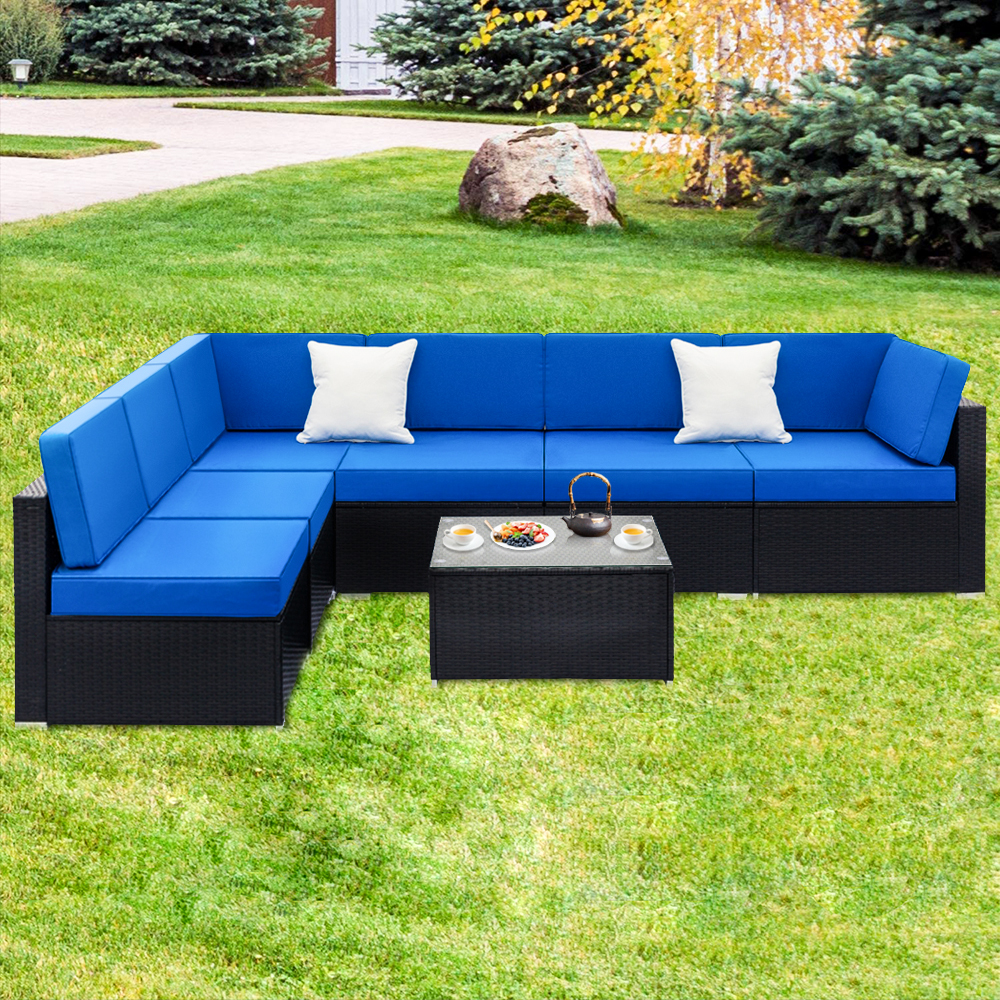 uhomepro 7-Piece Outdoor Furniture, Patio PE Rattan Wicker Sectional Sofa Set with Two Pillows, Coffee Table, All Weather Outdoor Couch, Durable Chat Set for Porch Poolside Balcony, Dark Blue, Q9891 - image 3 of 13