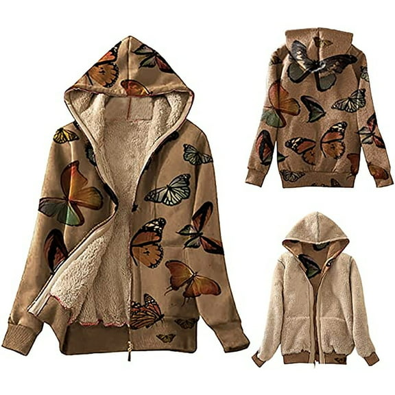 cllios Hoodies for Women Fleece Lined Zip Up Sweatshirt Jacket Butterfly Graphic Long Sleeve Outwear Casual Warm Cardigan
