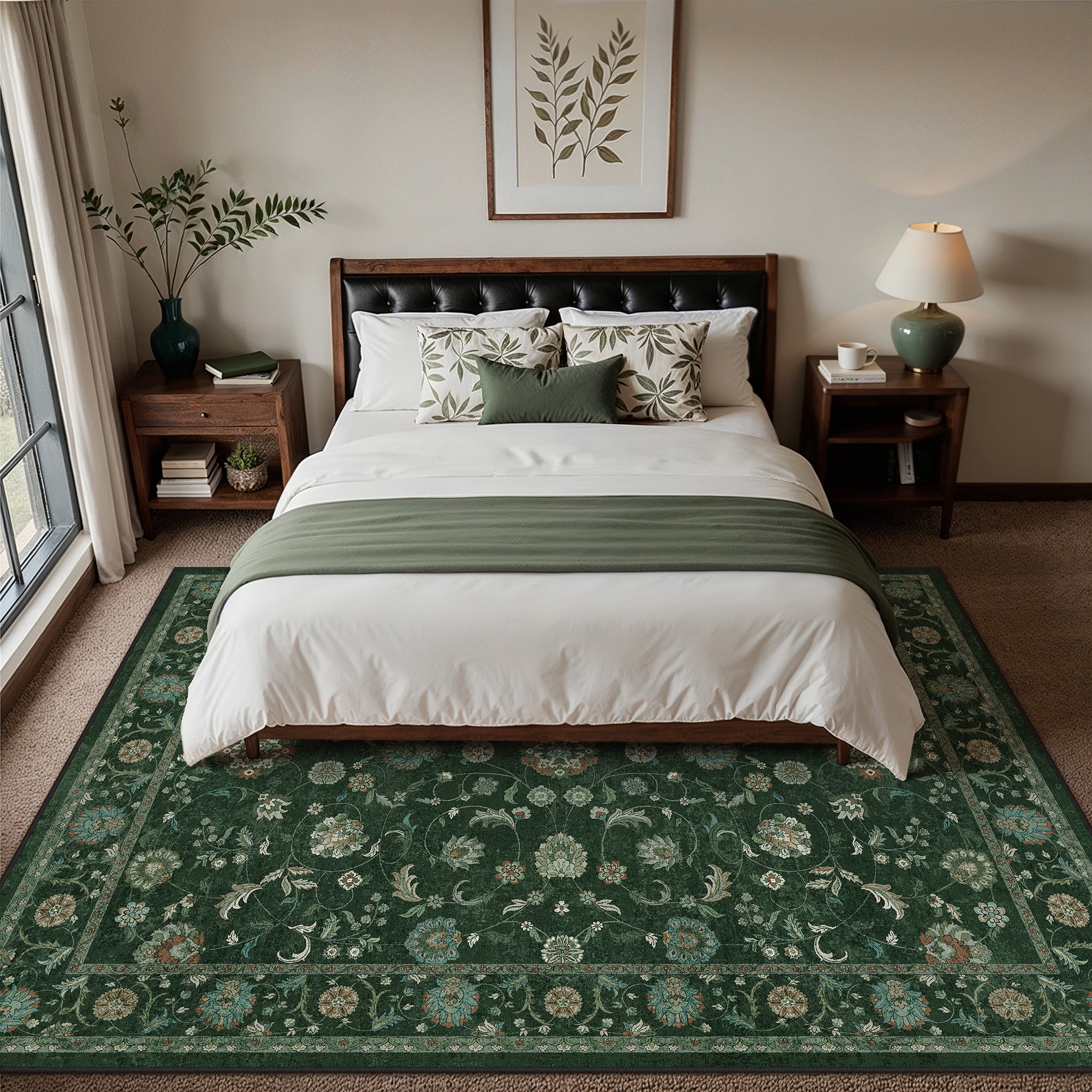 WIPONKEN 9x12 Area Rugs Morris Carpet for Living Room Bedroom Dining Room Office Farmhouse, Machine Washable Non Slip Vintage Persia Rug Green