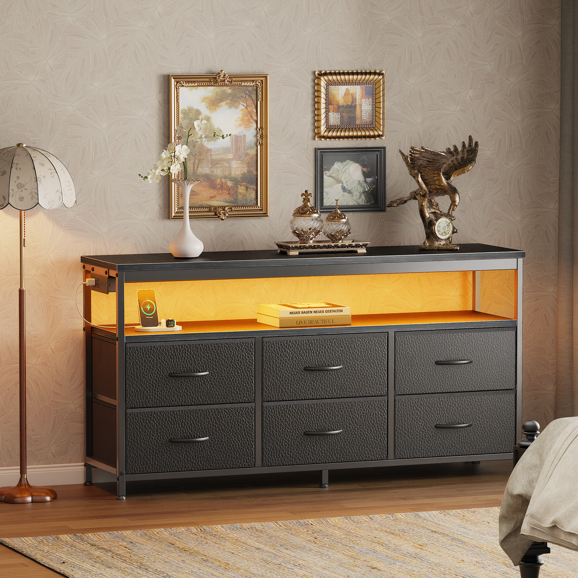 Amadwell LED TV Stand Dresser with 6 Drawers, Black photo 2