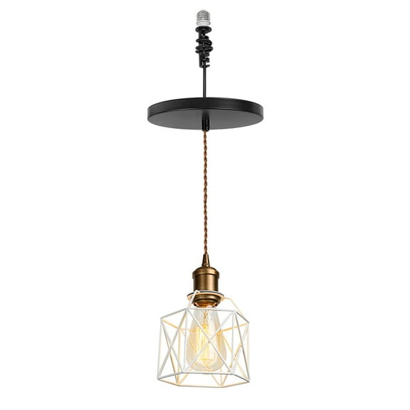 KAYYELAMP White Metal Cage Shade Hanging Light E26 Copper Base Adjustable Height Droplight Vintage Design Pendant Light for Kitchen Island Home