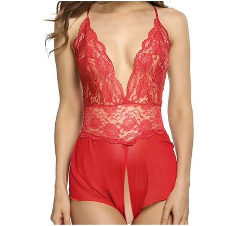 

BIZIZA Women s One Piece Teddy Babydoll V Neck Sexy Lingerie Bodysuit Lace Red XXXL