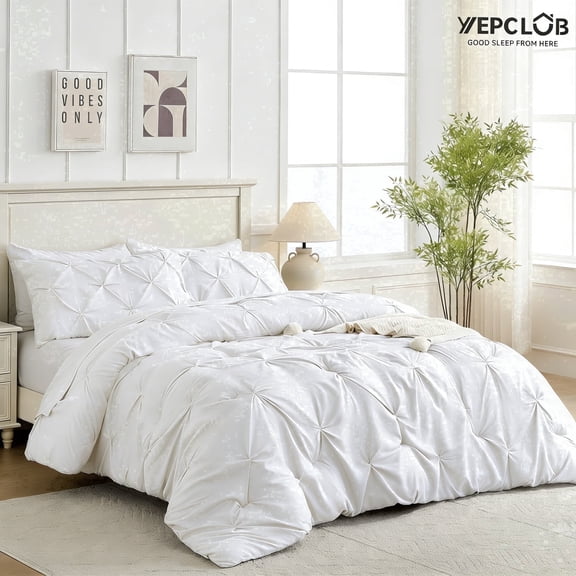 YEPCLUB White Twin Size Pintuck 5-Piece Comforter Set, Pinch Pleat Bed in a Bag, All Season Down Alternative Bedding Set with Comforter, Sheets, Pillowcase & Sham