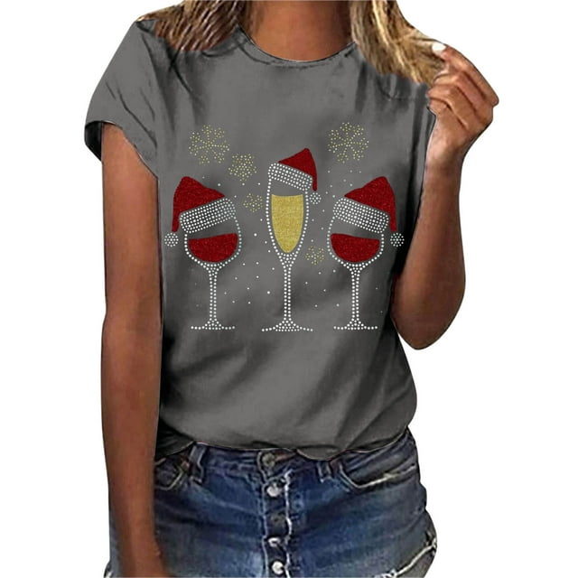 Gibobby Camiseta Navideña De La mujer Navidad Copa de de nieve Sombrero Impresión O Cuello Manga corta Camiseta suelta Blusa Tops(Gris,XG)